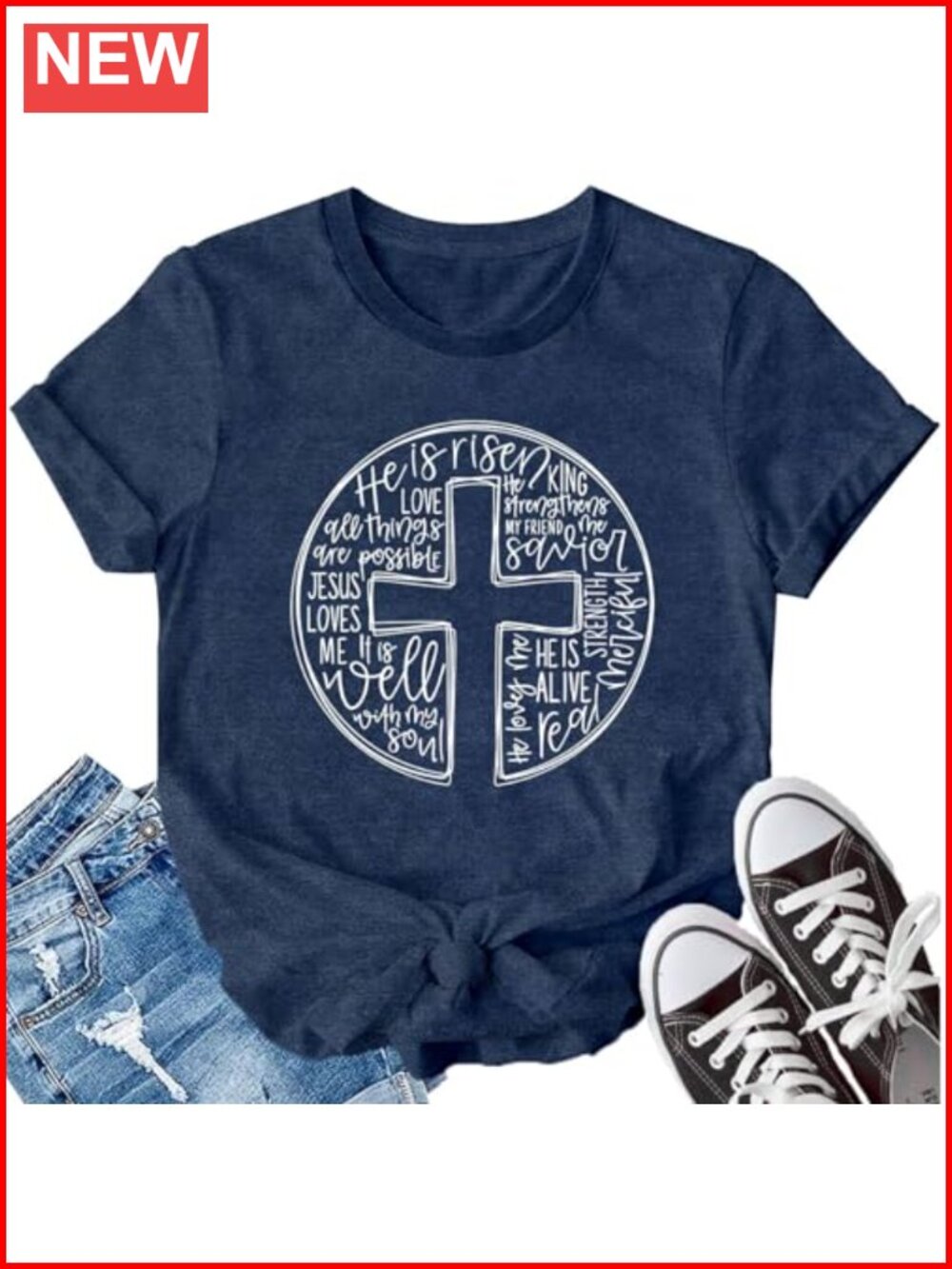 Christian Cross T-Shirt Women Faith He Is Risen Religious Casual Top